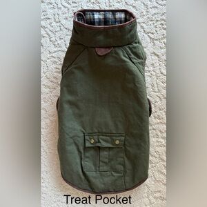 Redmond Clothing Outfitters Army Green Cold Weather Dog Coat with Treat Pocket.